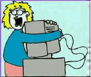 Woman hugging computer